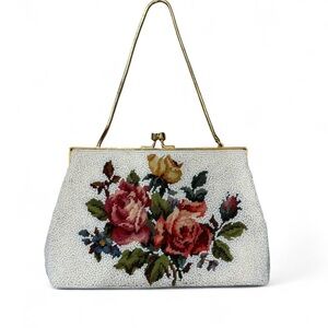 Vintage Needlepoint & Beaded Floral Rose Purse Clutch Gold Chain Satin Lined*